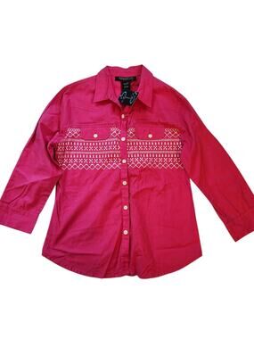 NEW Bohemian Cafe Womens Top Size L Hot Pink 3/4 Sleeve Button Down Embroidered